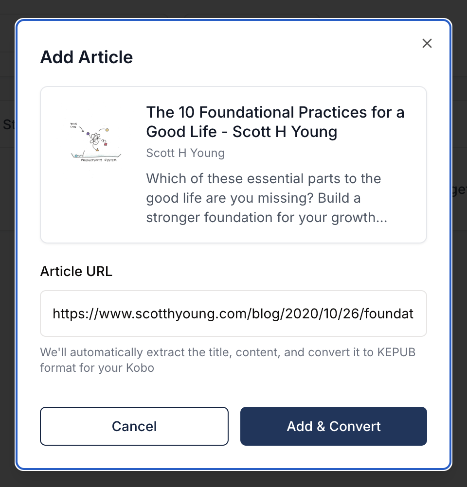 Kobuddy dashboard showing article management